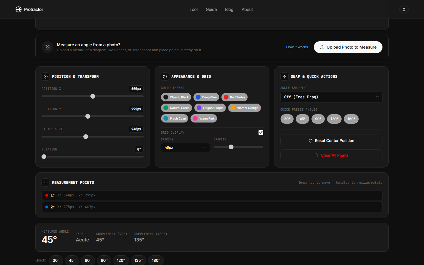 Online Protractor App Interface showing photo angle measurement controls